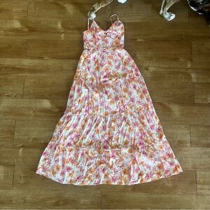Francesca's Pink and Orange Floral Maxi Dress w/ Spaghetti Straps & Front Tie